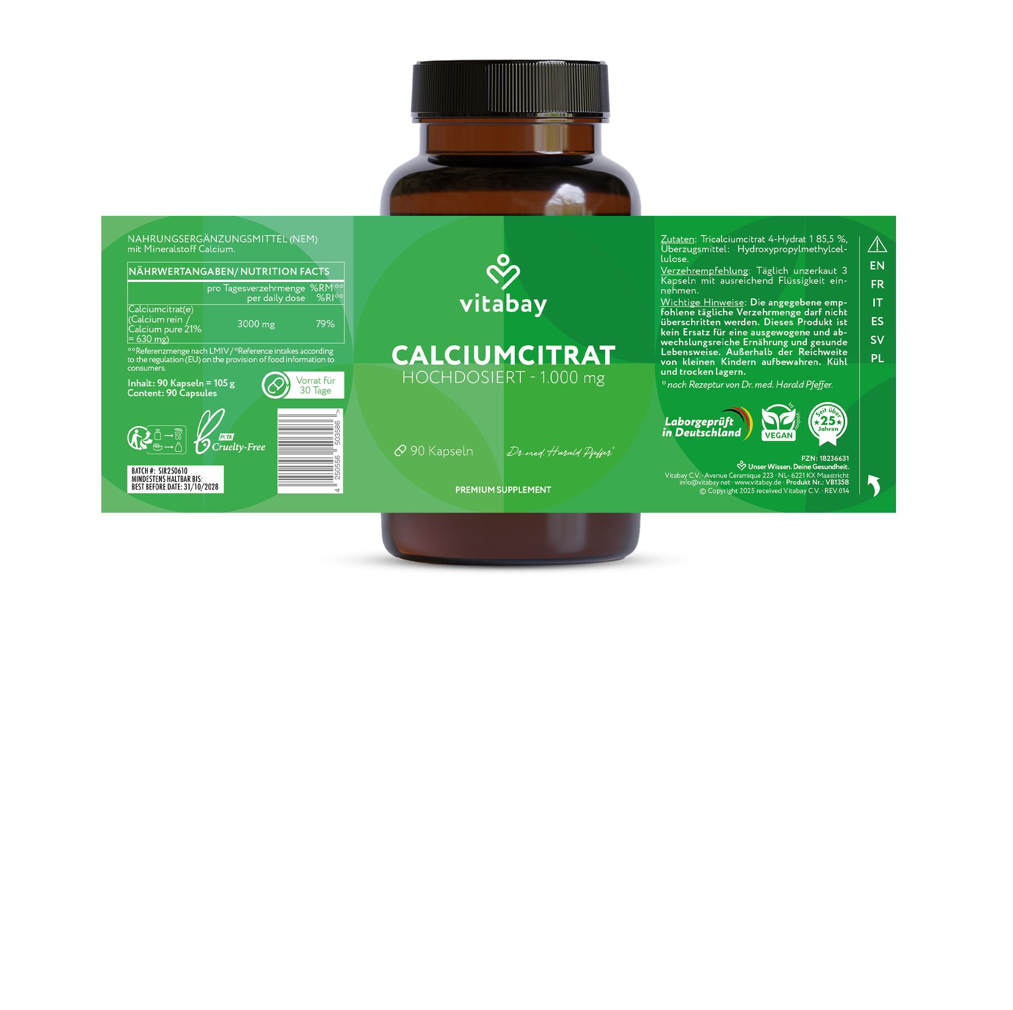 Braune Glasflasche mit grüner Beschriftung. Text: Calciumcitrat hochdosiert 1.000 mg. 90 Kapseln. Vitabay Logo. Label mit Informationen.