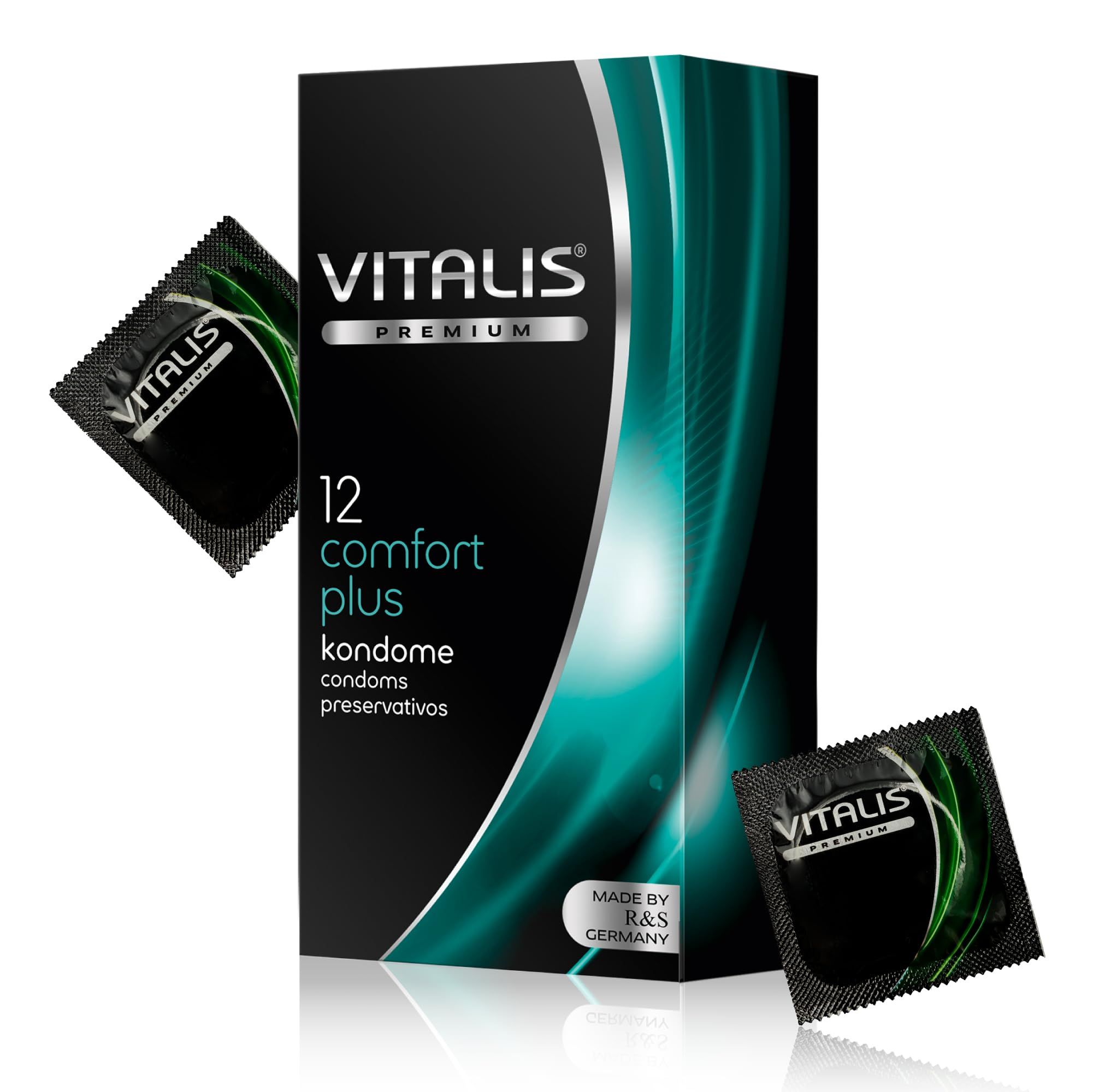 Vitalis Kondome Comfort Plus 12er Packung. Einzeln verpackte Kondome mit Produktinformationen.