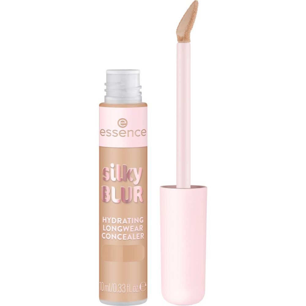 Beige Concealer-Tube mit rosa Deckel und Applikator. Aufschrift: Silky Blur, Hydrating Longwear Concealer. Marke Essence.