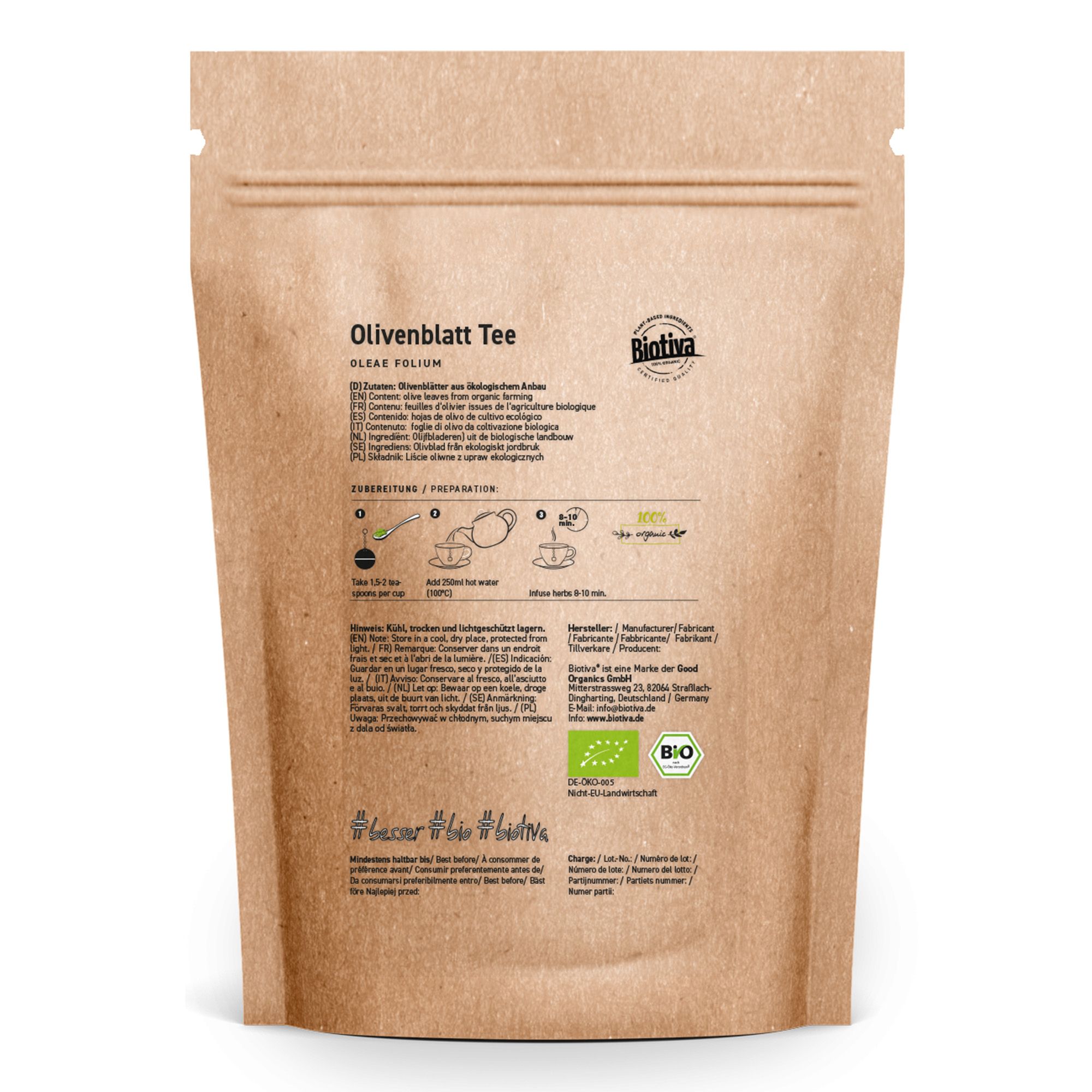 Rückseite des Olivenblatt Tee Beutels. Angaben zu Inhaltsstoffen, Zubereitung, Bio-Siegel und Hersteller.