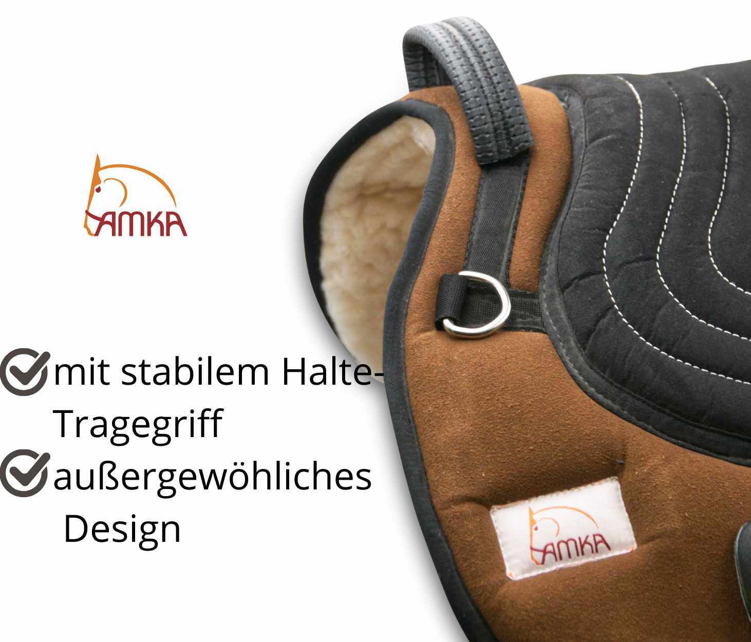 AMKA Soft Seat Bareback Pad. Detailansicht mit Logo und Text: mit stabilem Haltegriff, außergewöhnliches Design.