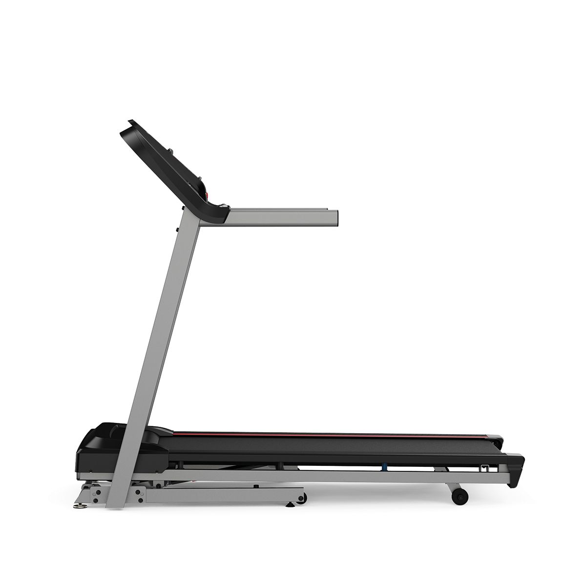 Seitenansicht des Laufbands. Schwarze Lauffläche, grauer Rahmen. Konsole mit Armlehnen. Räder an der Basis.