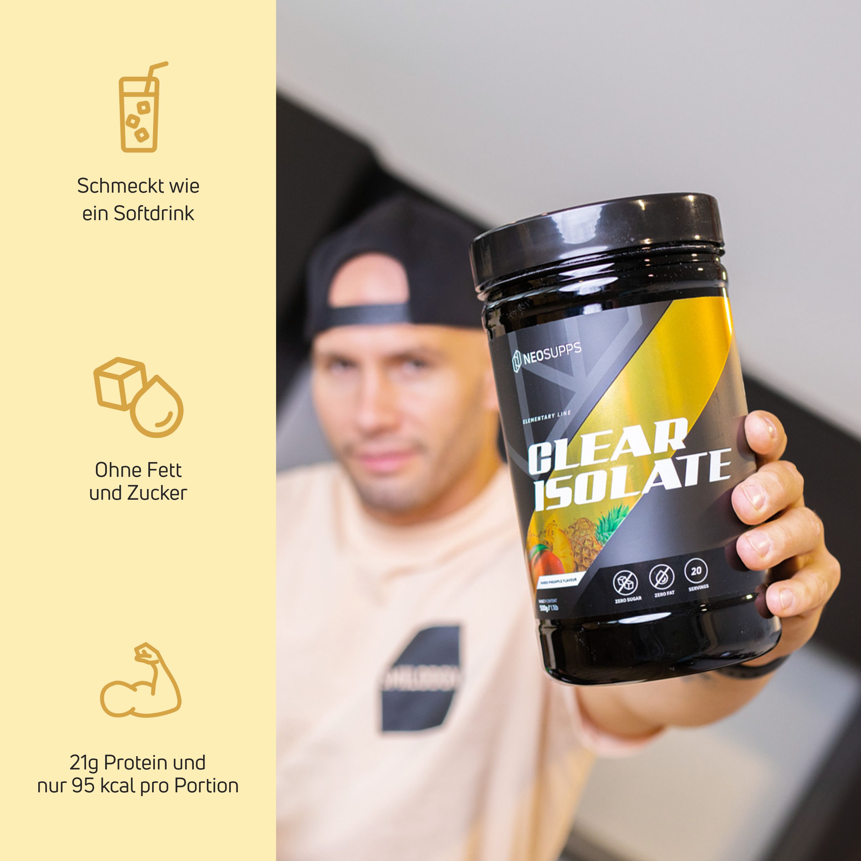 Schwarze Dose mit "CLEAR ISOLATE"-Aufdruck. Mann hält Dose. Text: 21g Protein, 95 kcal. Gelber Hintergrund mit Icons.
