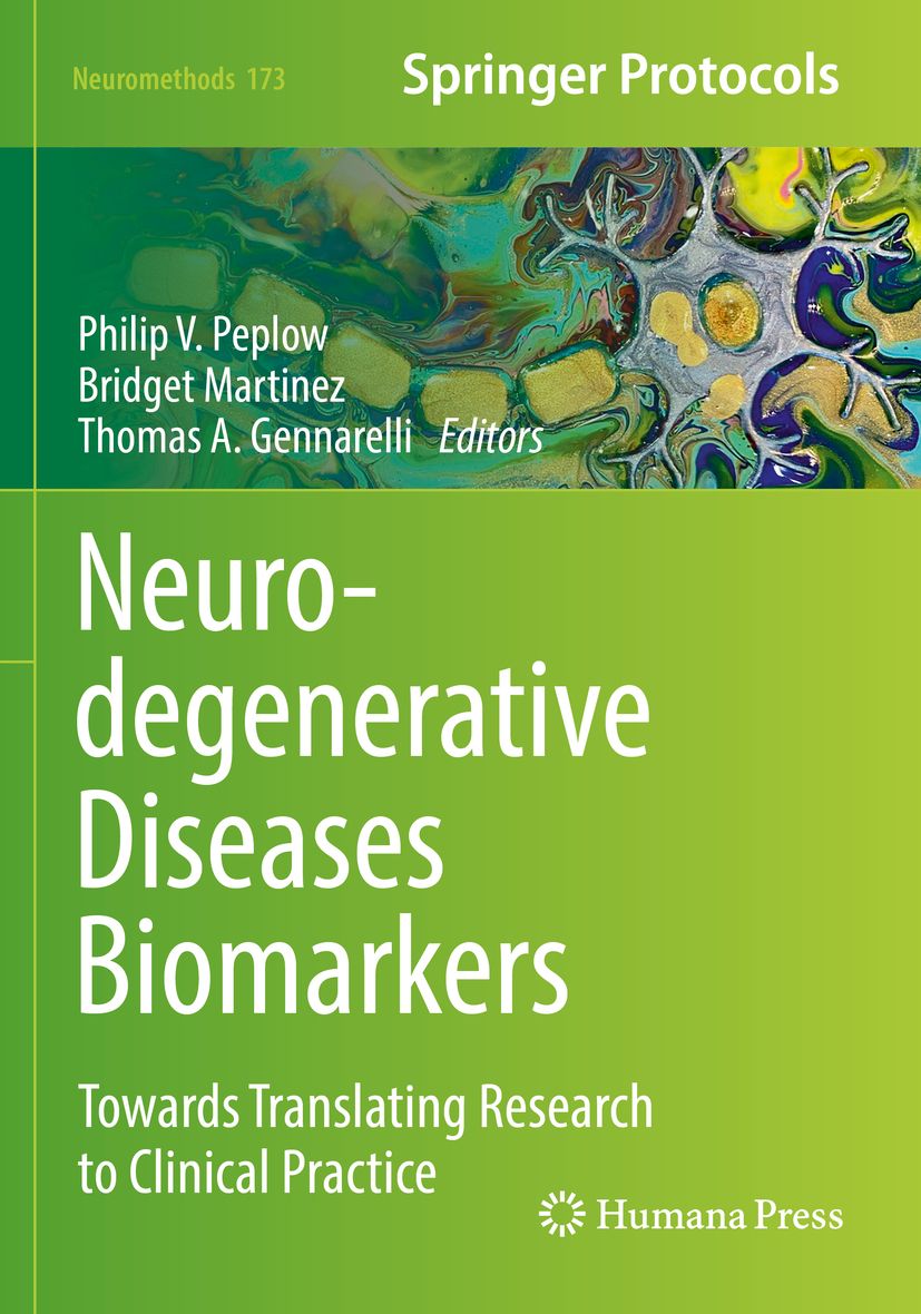 Buchcover: Neurodegenerative Diseases Biomarkers. Titel, Autoren, Springer Protocols-Logo und Humana Press-Logo sind sichtbar.