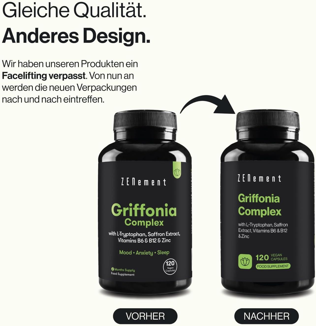 Vergleich von zwei Flaschen. Links: Altes Design. Rechts: Neues Design. Text: Gleiche Qualität. Anderes Design.