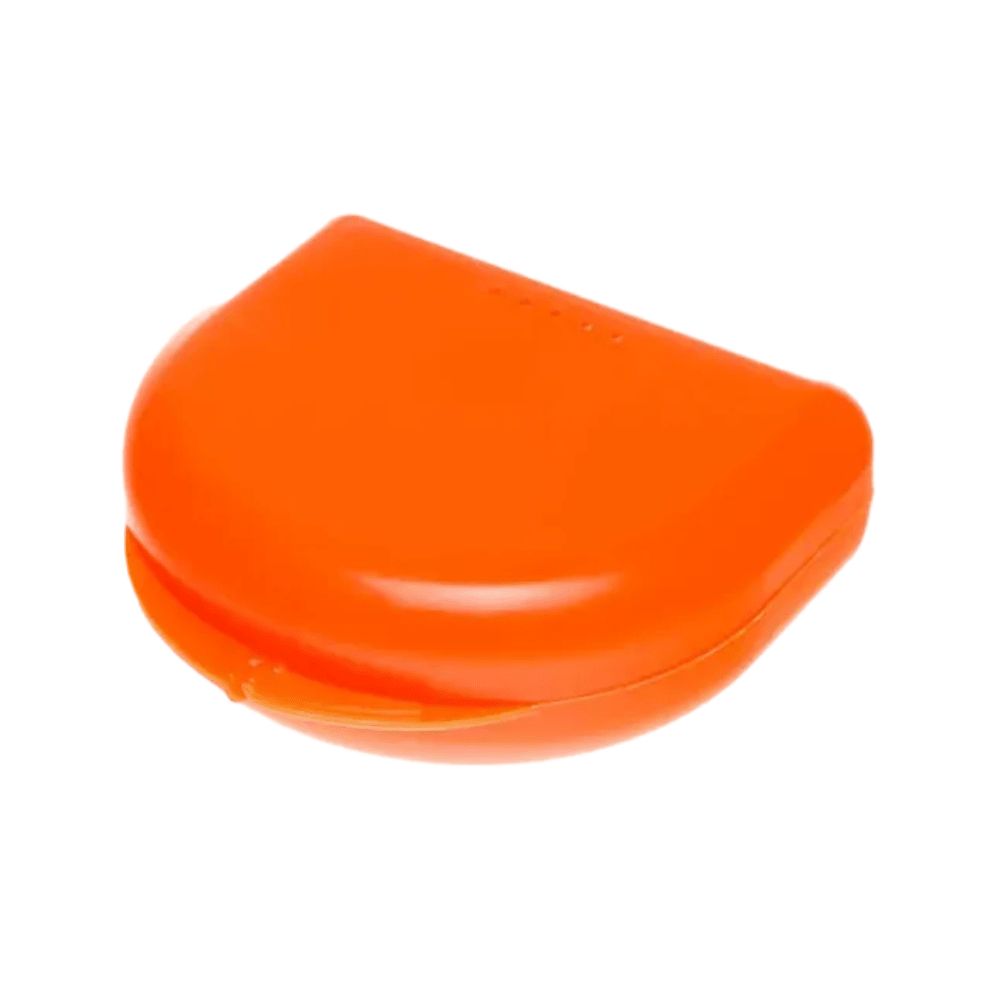 Orange Schienendose mit abgerundeten Ecken und einem Scharnierverschluss.