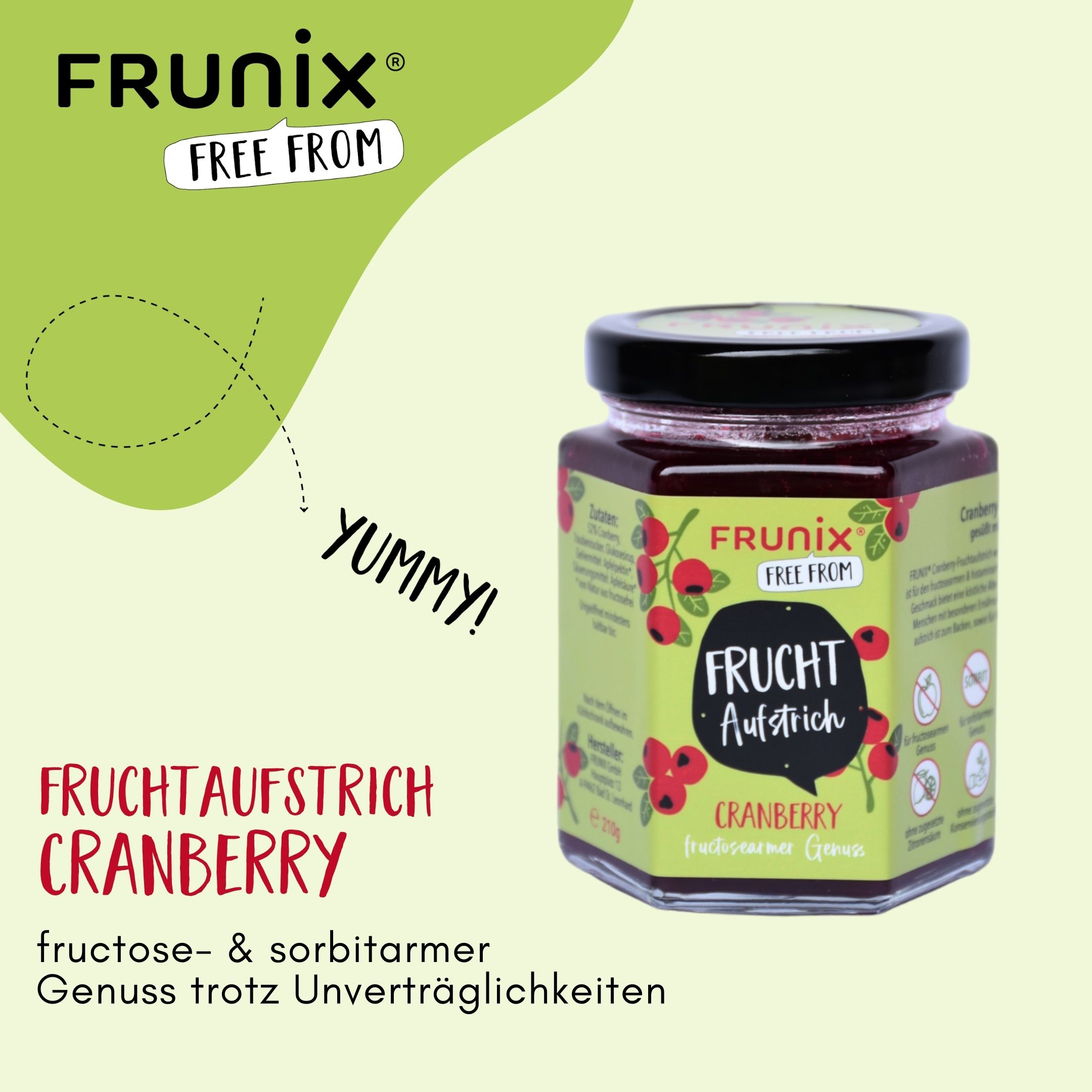 Glas FRUNIX® Cranberry-Fruchtaufstrich. Aufschrift: FRUNIX® FREE FROM, FRUCHTAUFSTRICH CRANBERRY. Fructose- & sorbitarmer Genuss.