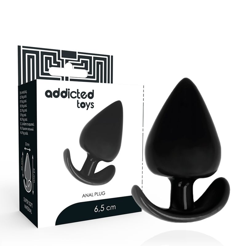Schwarzer Analplug mit tropfenförmiger Spitze und gebogener Basis. 6,5 cm lang. Verpackung mit Markenlogo und Produktbezeichnung.