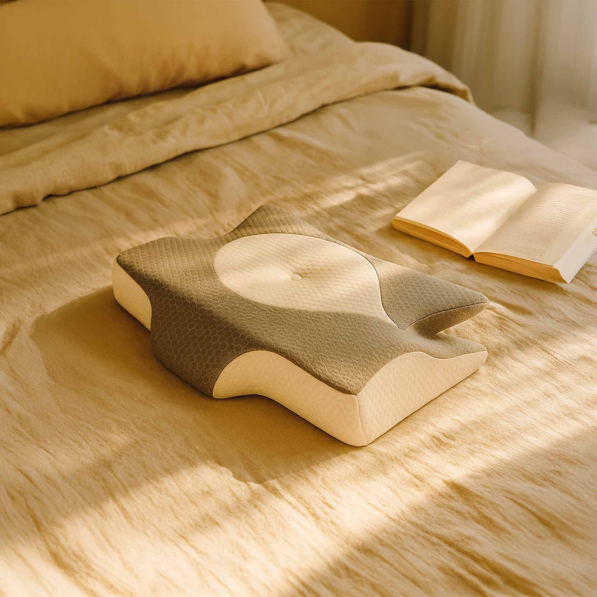 Orthopädisches Nackenkissen auf Bett. Grau-weißes Design. Buch liegt daneben.