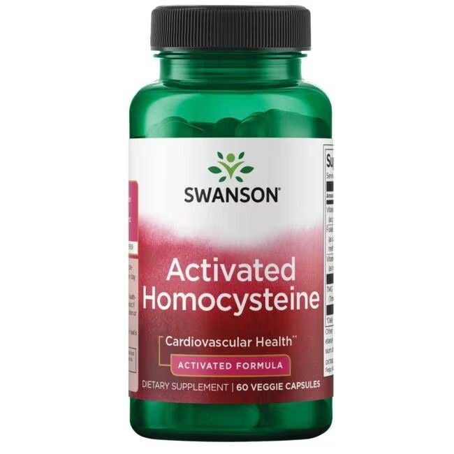 Grüne Flasche mit schwarzem Deckel. Etikett mit "SWANSON", "Activated Homocysteine" und "60 Veggie Capsules".