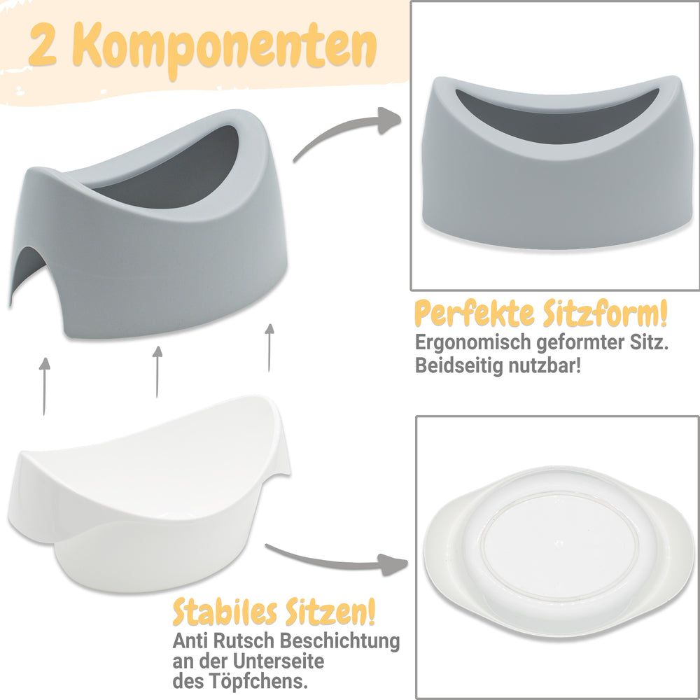 Zwei-Komponenten-Potty. Graue und weiße Teile. Anti-Rutsch-Beschichtung. Ergonomische Form.