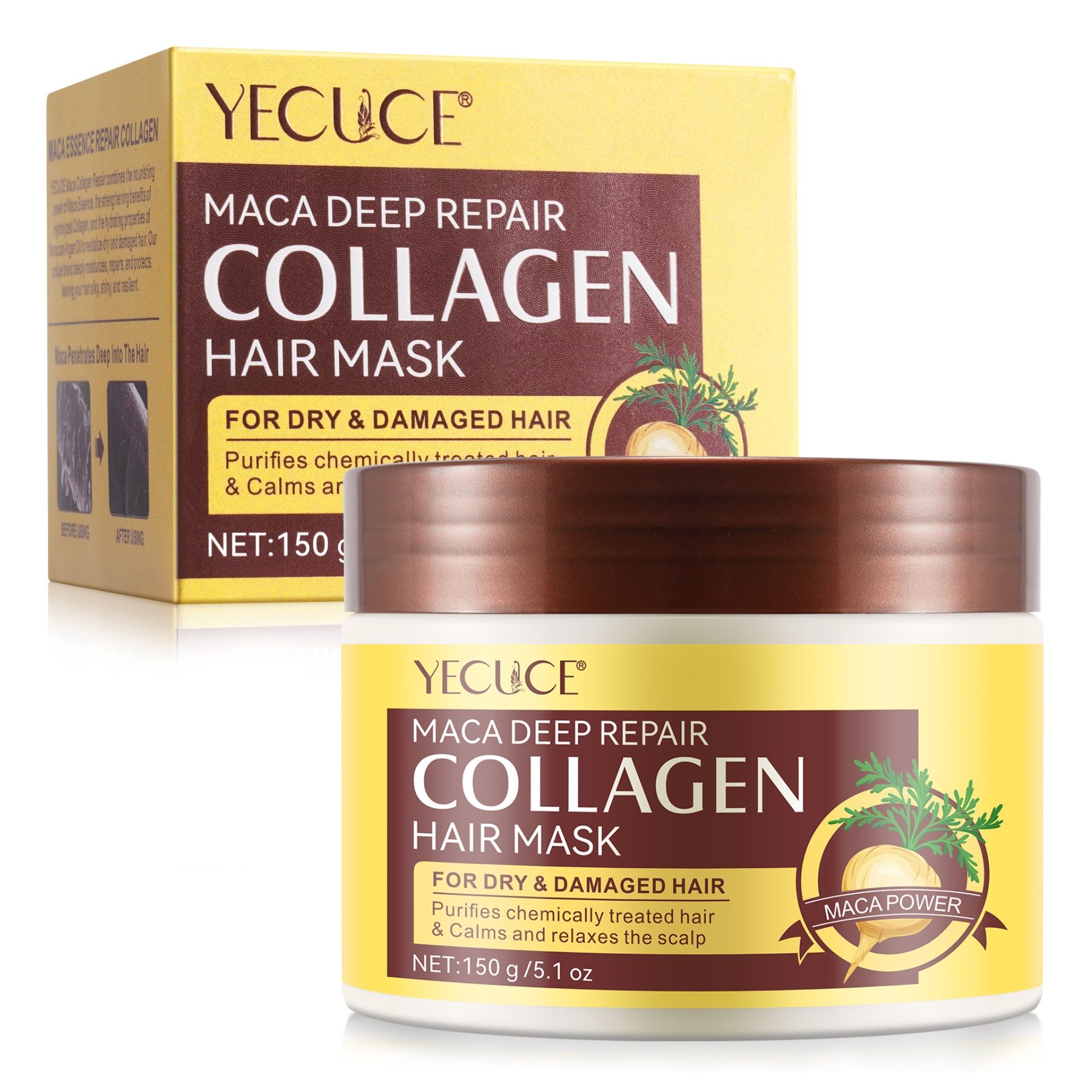 Haarmaske in Dose und Verpackung. Aufschrift: MACA DEEP REPAIR COLLAGEN HAIR MASK. Für trockenes und geschädigtes Haar.