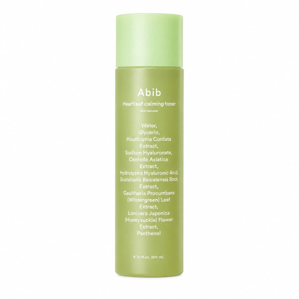 Abib Heartleaf beruhigender Toner, 200ml. Grüne Flasche mit weißem Etikett, das Inhaltsstoffe auflistet.