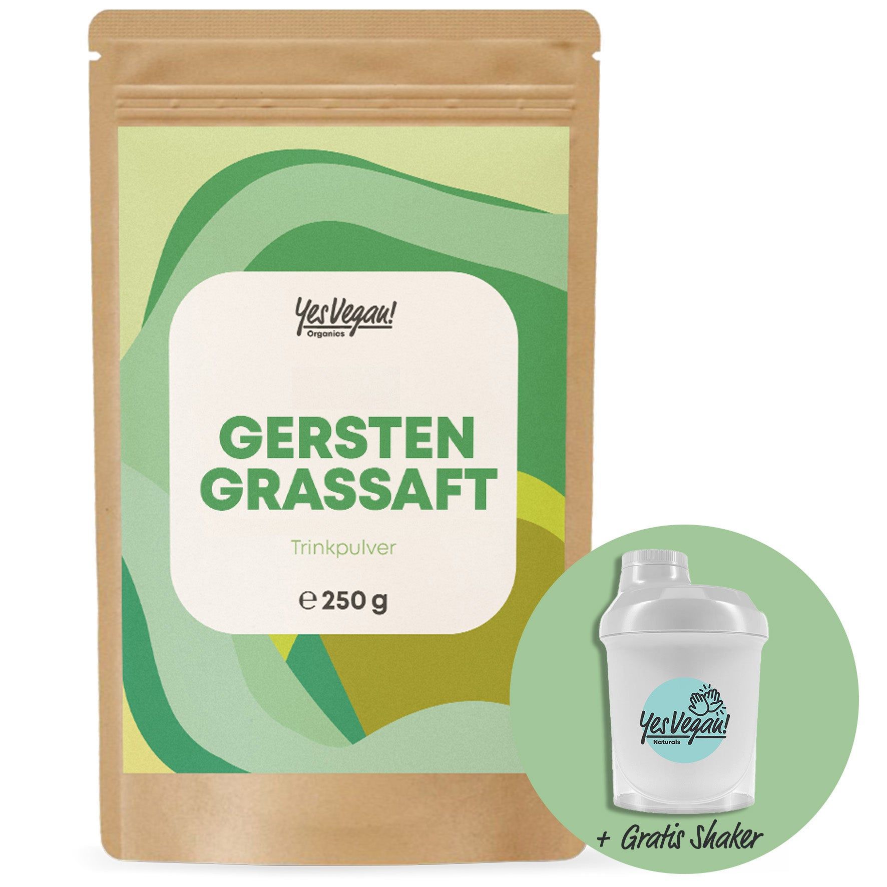 Produktverpackung Gerstengrassaft. Inklusive Shaker. Aufschrift: Yes Vegan! Trinkpulver, 250g.