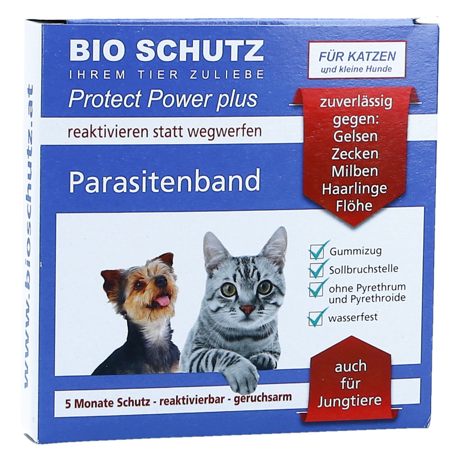Blau-weiße Verpackung mit Produktnamen und Abbildungen von Hund und Katze. Text: Parasitenband, Protect Power plus. Für Katzen und kleine Hunde.