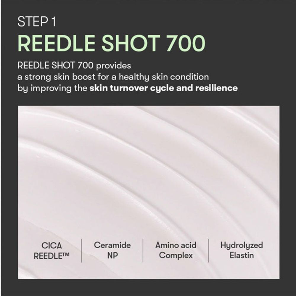 Textfeld mit Aufschrift: Reedle Shot 700. Text beschreibt die Wirkung. Unterhalb: Cica Reedle, Ceramide NP, Aminosäure-Komplex, Hydrolyzed Elastin.
