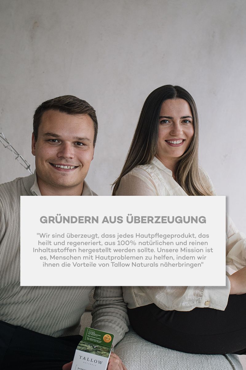 Zwei Personen vor hellem Hintergrund. Text: Gründer aus Überzeugung. Zitat über natürliche Inhaltsstoffe und Hautpflege.