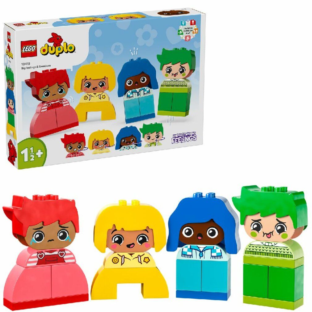 LEGO DUPLO-Set. Figuren in Rot, Gelb, Blau und Grün. Figuren mit Gesichtsausdrücken. Verpackung mit Produktnamen und Altersempfehlung.