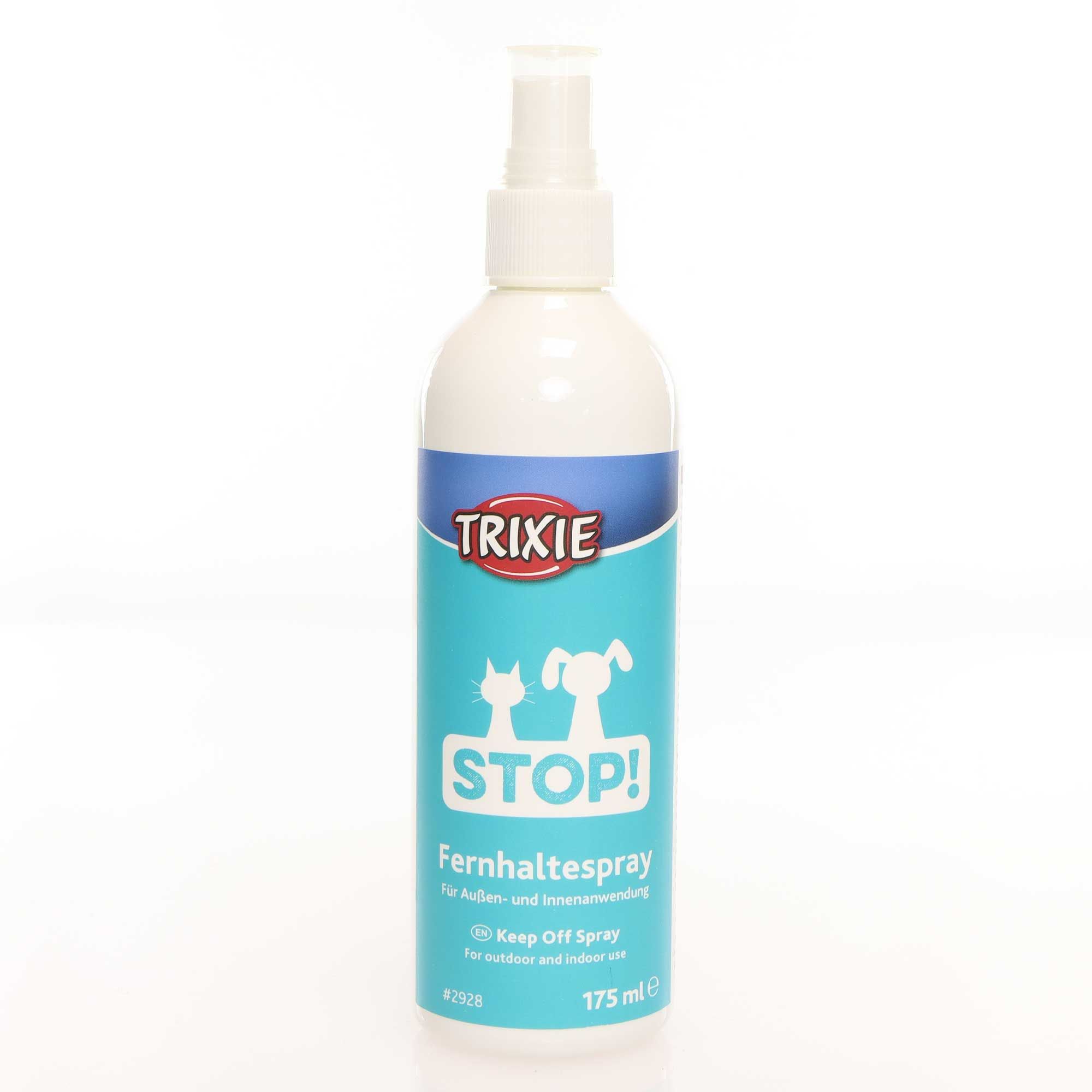 Weiße Sprühflasche mit blauem Etikett. Aufschrift: STOP! und Fernhaltespray. Enthält 175 ml. Marke: TRIXIE.