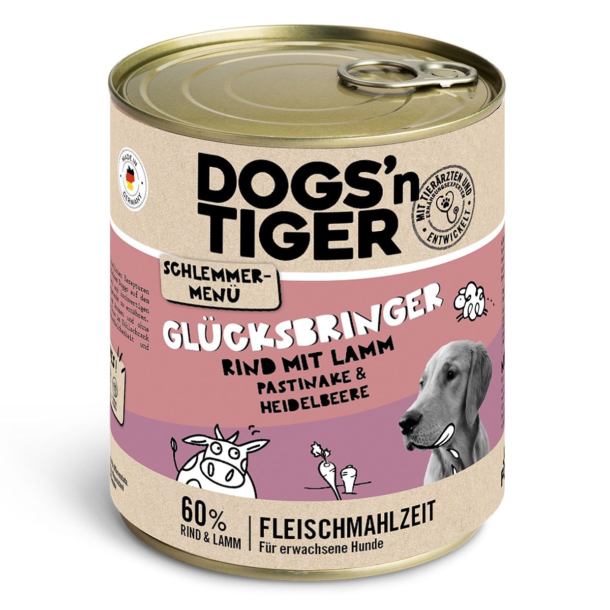 Hundefutter-Dose. Aufschrift: "Dogs'n Tiger", "Glücksbringer", Rind mit Lamm, Pastinake & Heidelbeere. 60% Fleischmahlzeit. Mit Logo und Qualitätssiegel.