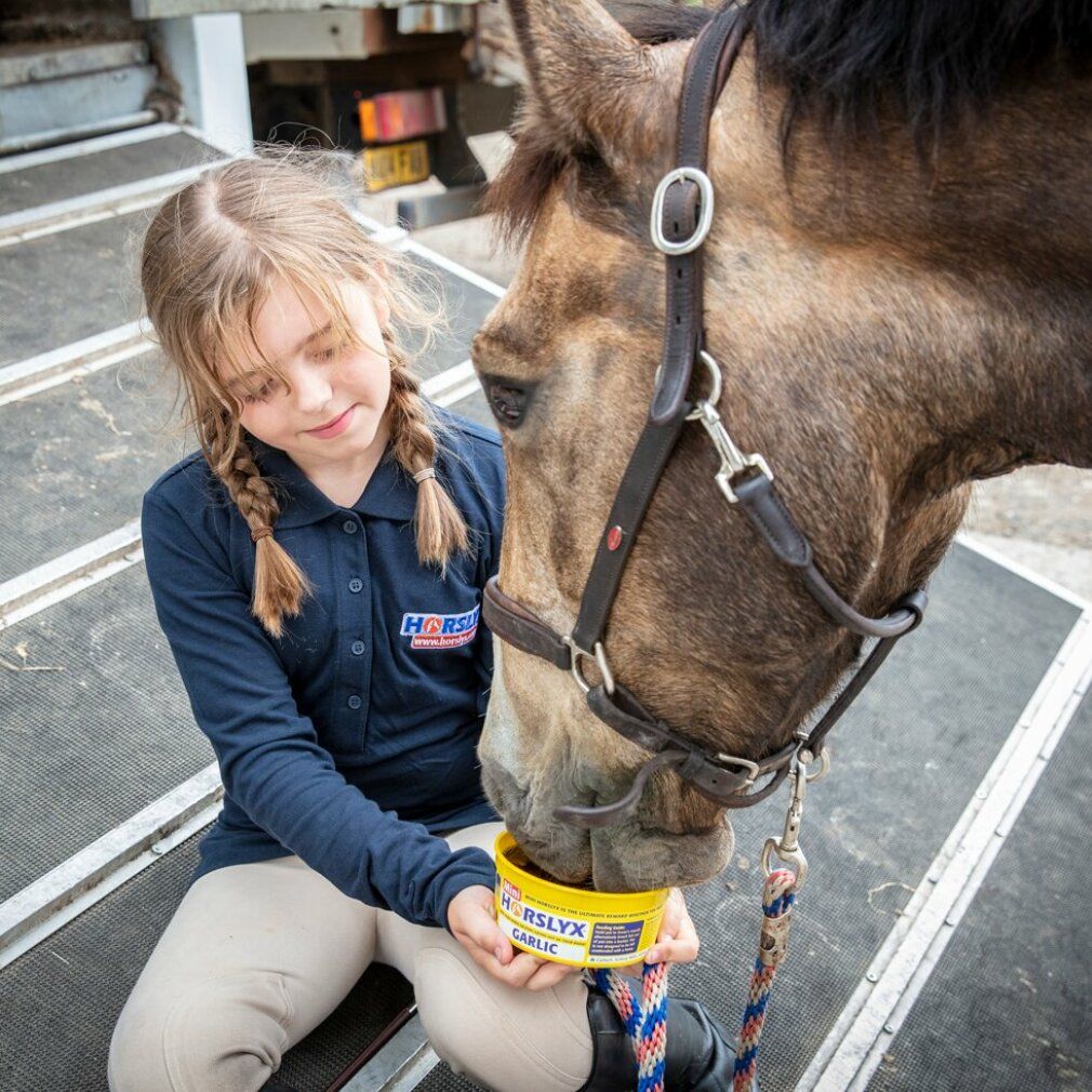 Ein Mädchen hält einen gelben Behälter mit Derby HORSLYX Leckmasse Garlic für ein Pferd. Das Pferd frisst aus dem Behälter.