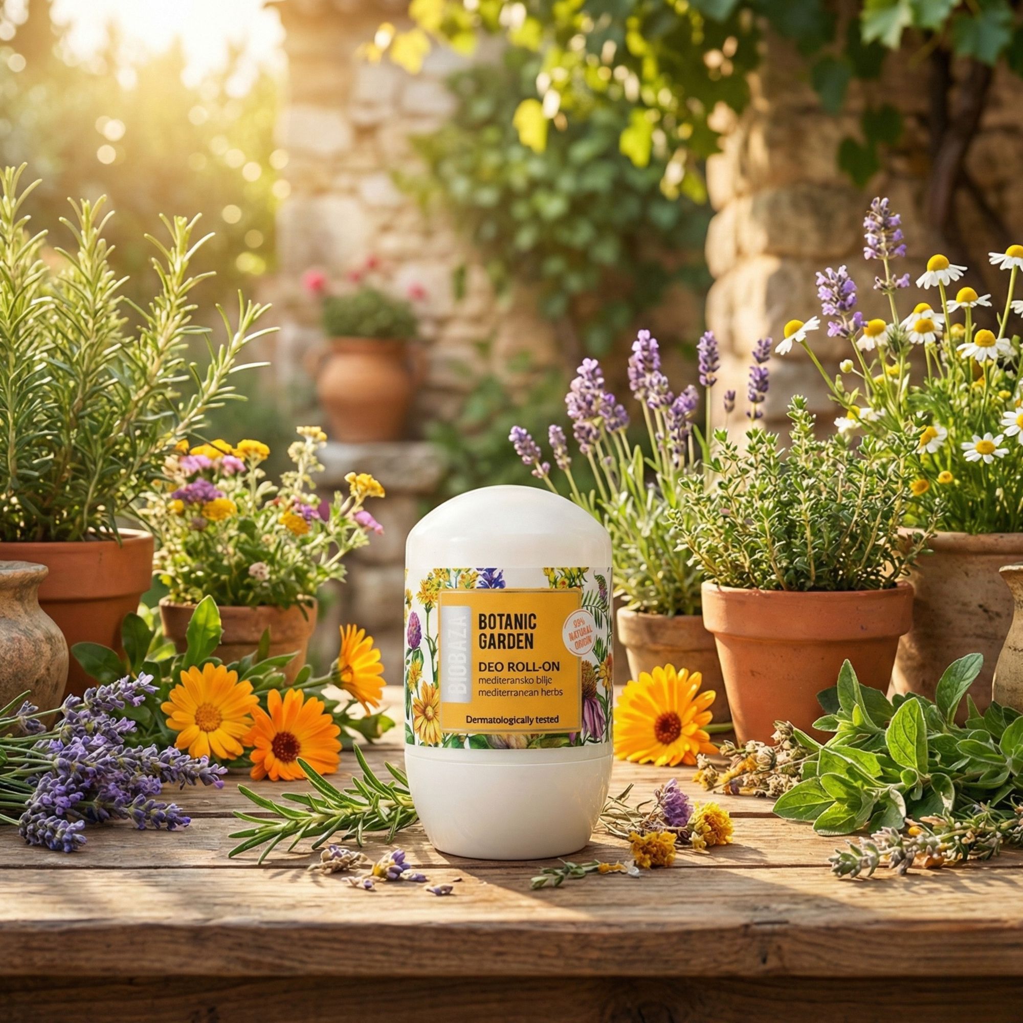 Weißer Deo Roll-on mit floralem Etikett auf einem Holztisch, umgeben von Blumentöpfen und Pflanzen. Sonnenlicht.