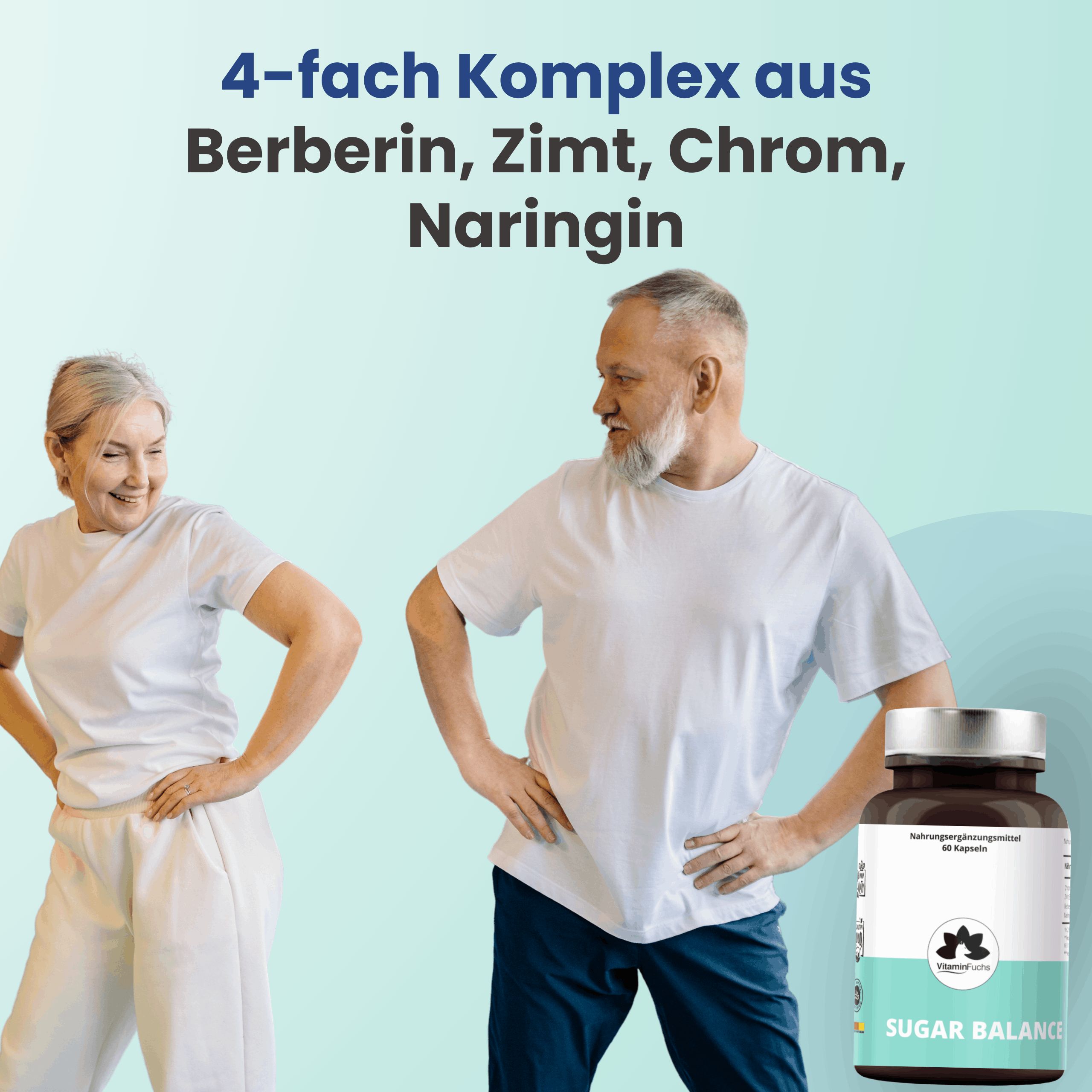 Älteres Paar beim Training. Im Vordergrund Flasche mit weißem Etikett. Aufschrift: Sugar Balance. Logo: VitaminFuchs. Text: 4-fach Komplex.