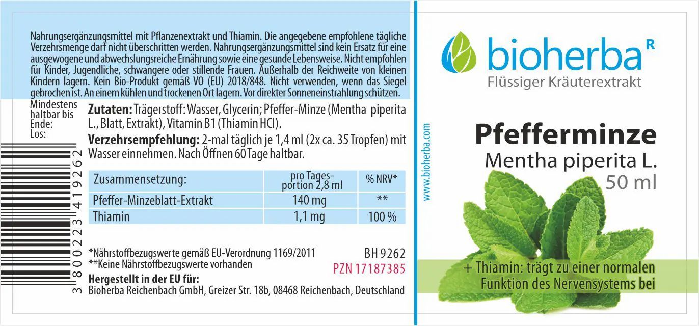 Etikett mit Produktinformationen und Logo. Text: "Pfefferminze Mentha piperita L.", Abbildung von Pfefferminzblättern. Enthält Nährwertangaben und Herstelleradresse.