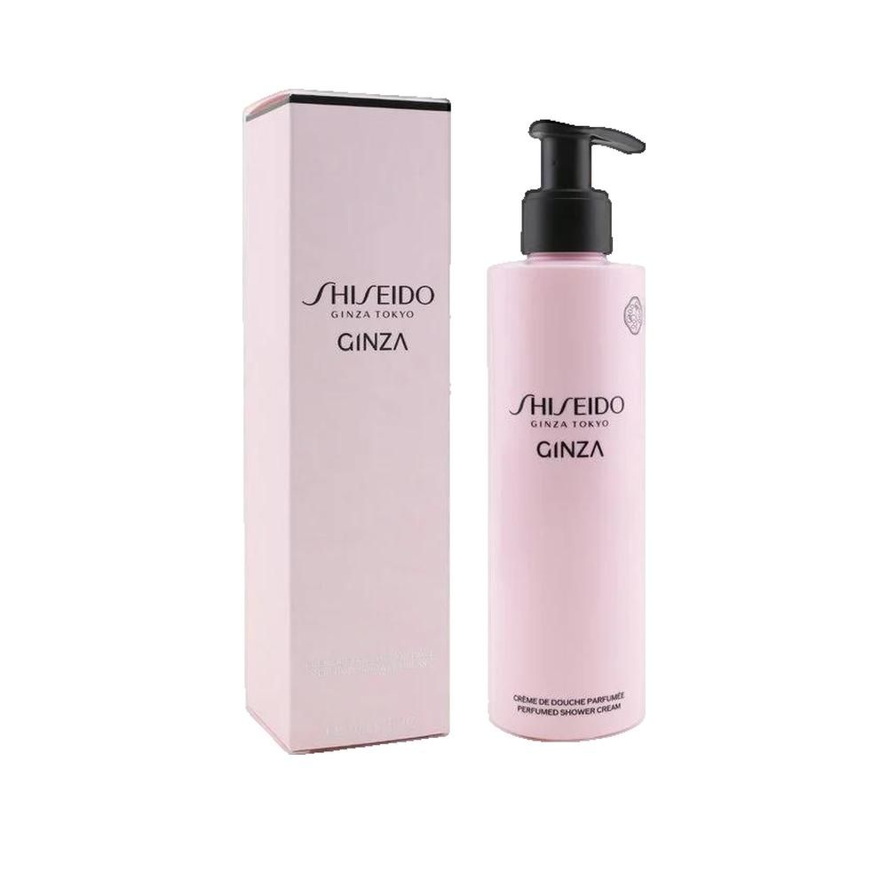Rosa Flasche mit schwarzem Pumpkopf und Karton. Aufschrift: Shiseido Ginza. Creme de Douche Parfumée.