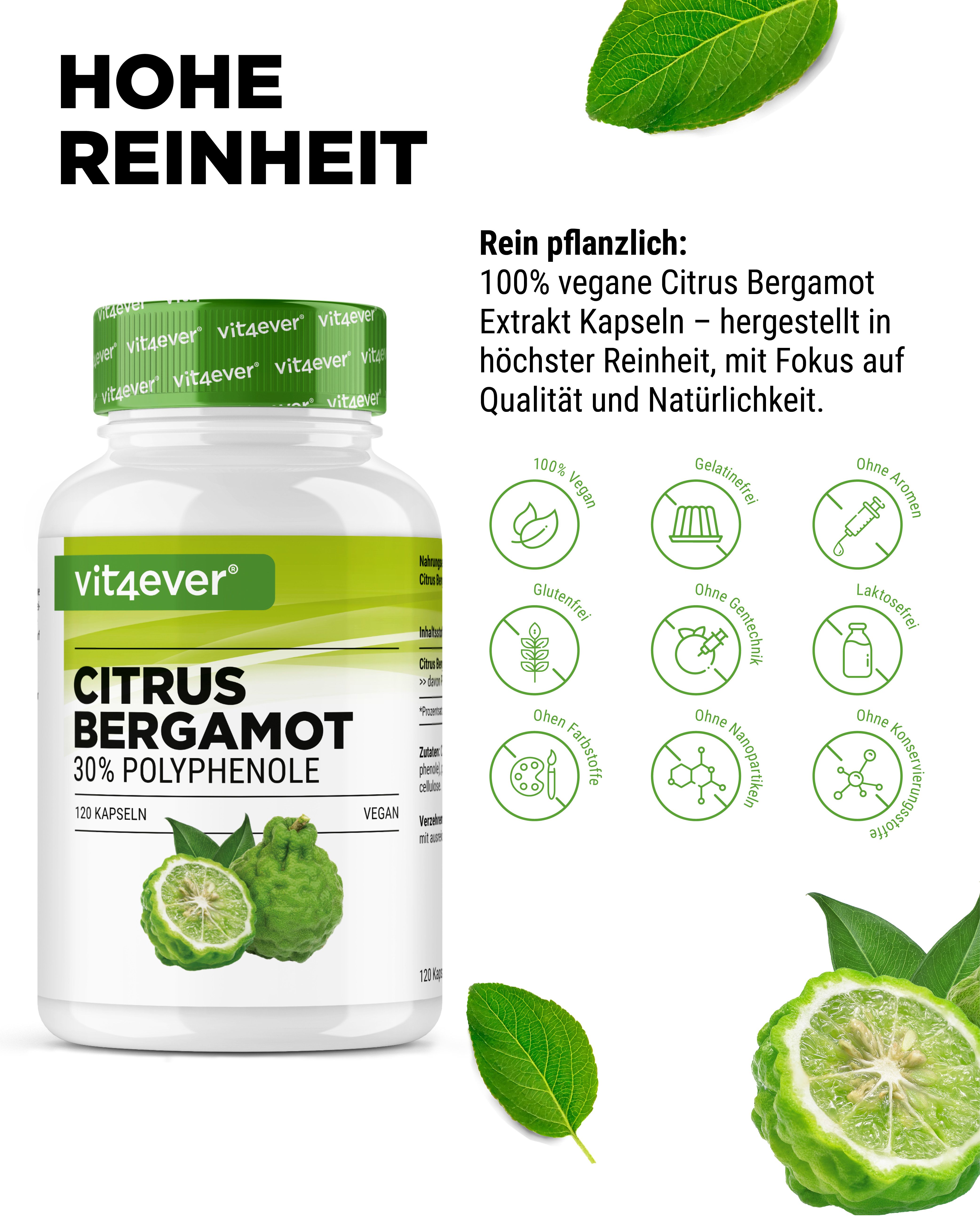 Weißes Fläschchen mit grüner Kappe, Aufschrift "vit4ever Citrus Bergamot". Abbildung von Bergamotte-Früchten. Text: "Hohe Reinheit". Symbole.