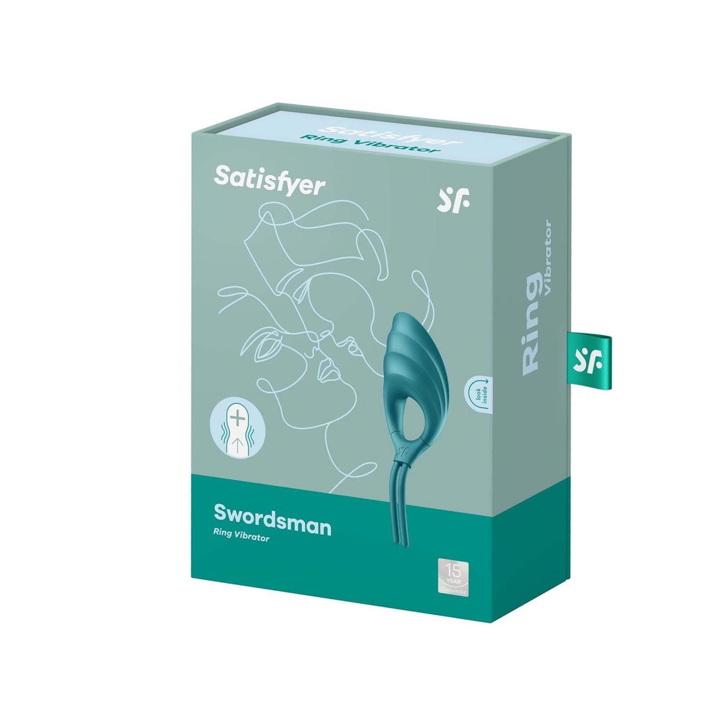 Verpackung mit Ringvibrator. Text: Satisfyer, Swordsman, Ring Vibrator. Abbildung des Produkts.