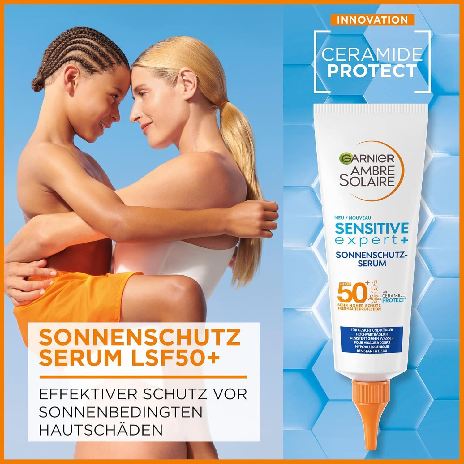 Zwei Personen umarmen sich, neben einer Tube Garnier Ambre Solaire Sensitive Expert+ LSF50+ Sonnen-Serum. Text.
