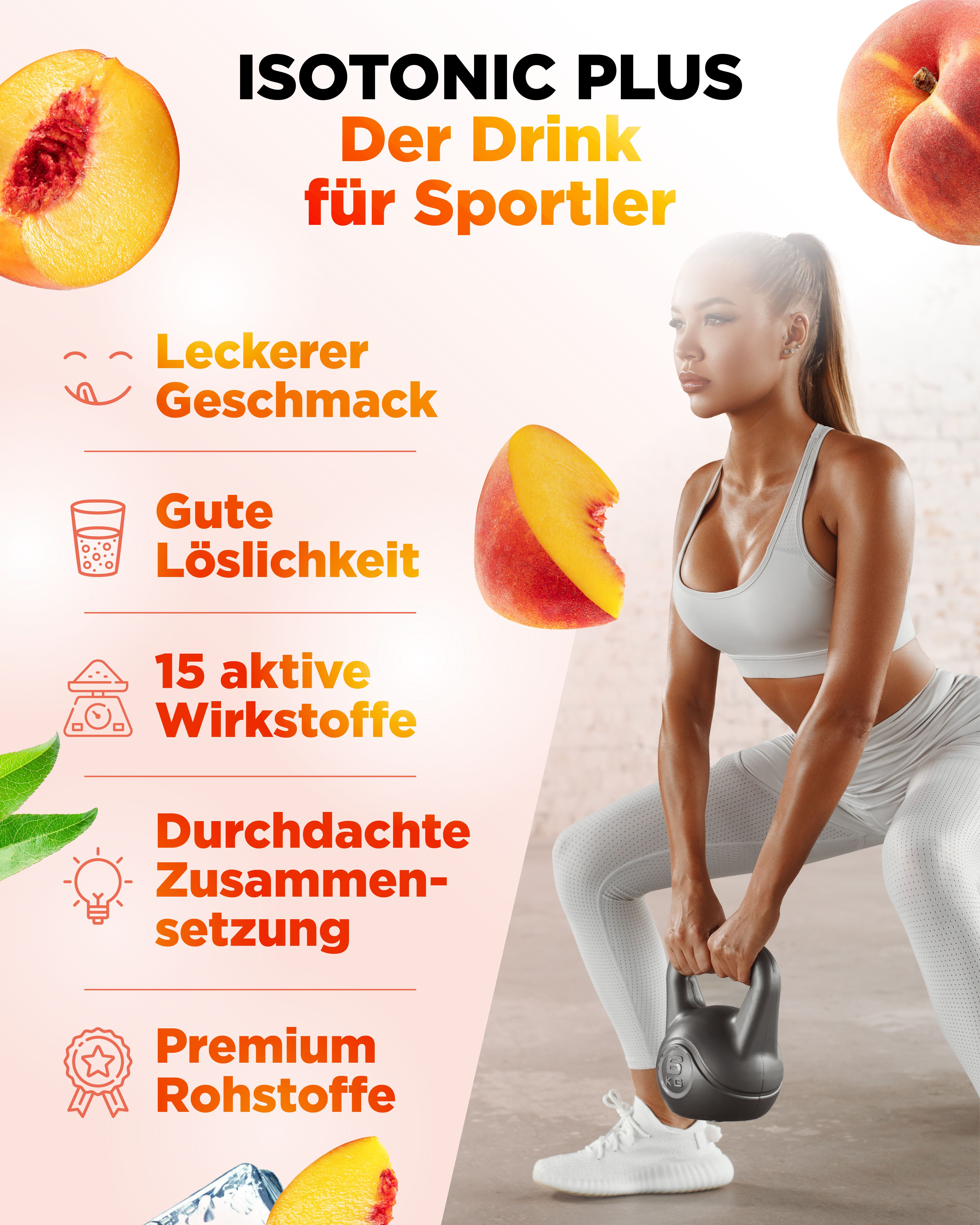 Werbebild mit Frau beim Training. Text: Isotonic Plus, Der Drink für Sportler. Pfirsich-Illustrationen. 15 aktive Wirkstoffe. Premium Rohstoffe.