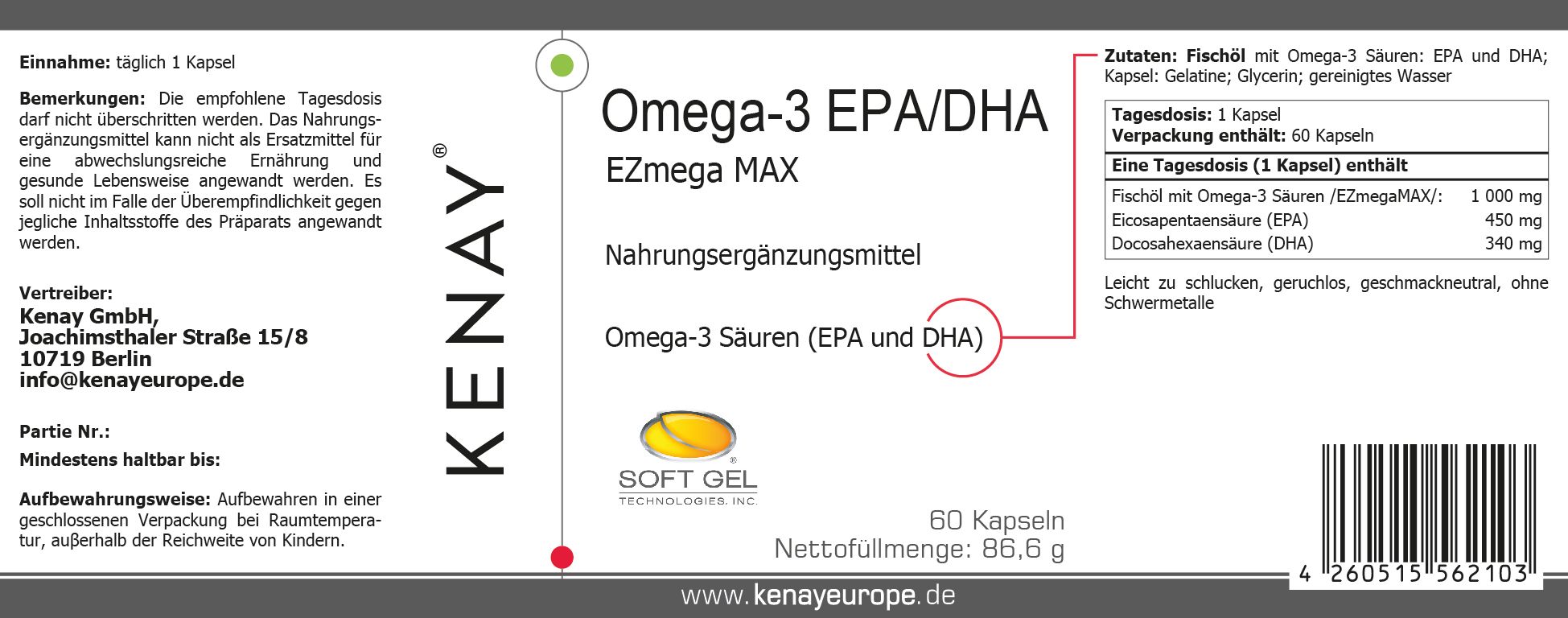 Produktverpackung mit Omega-3 EPA/DHA EZmega MAX. Enthält Informationen zu Inhaltsstoffen, Dosierung und Hersteller. KENAY® Logo.