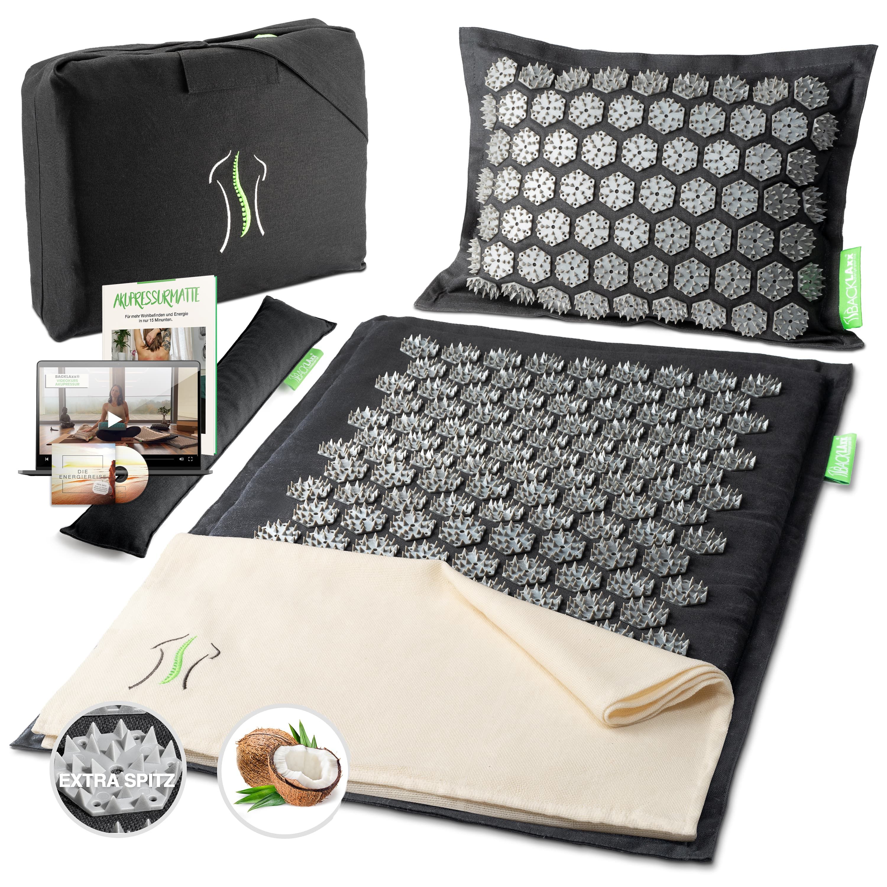 Akupressurmatten-Set mit Zubehör. Matte, Kissen, Tasche, Handtuch, Buch, DVD, Kokosfaser, Extra-Spitzen.