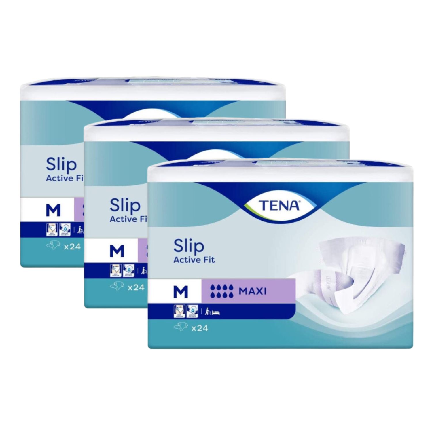 Drei Packungen TENA Slip Active Fit Maxi. Jede Packung zeigt das Produkt, die Größe M und die Anzahl 24.