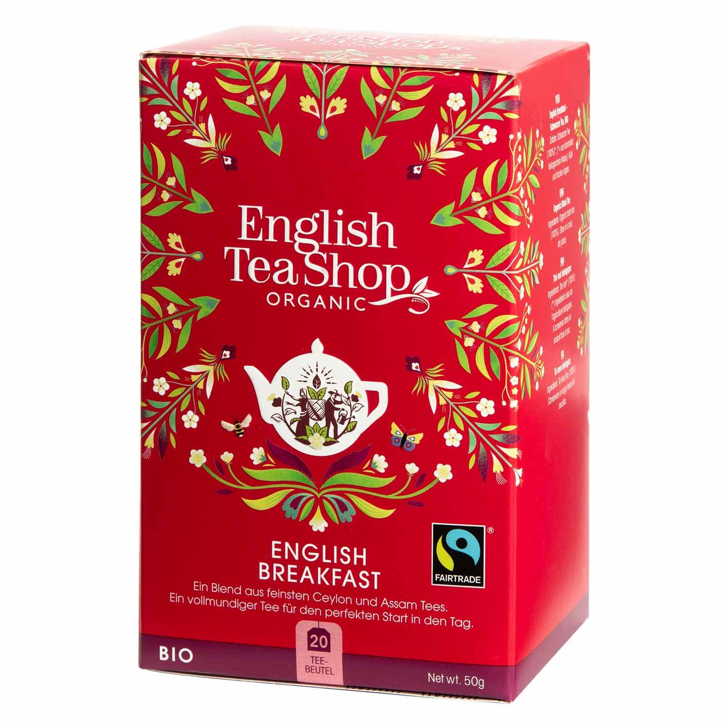 Rote Verpackung mit "English Tea Shop Organic"-Logo. "English Breakfast"-Text. Fairtrade-Siegel. 20 Teebeutel, 50g.