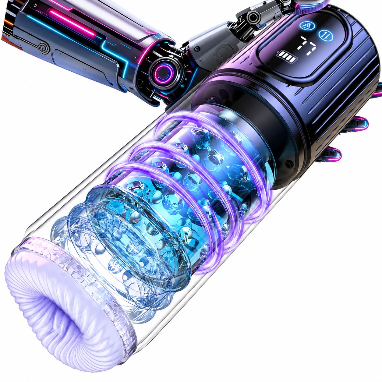 Ein transparentes Gehäuse mit inneren rotierenden Elementen und blauen Lichtern. Ein Roboterarm ist im Hintergrund zu sehen.