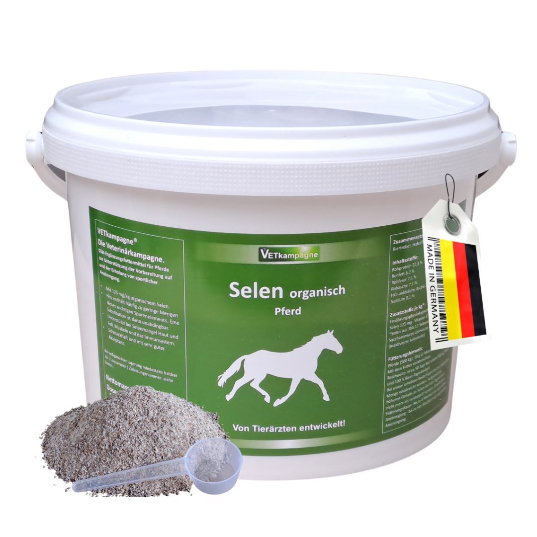 Eimer mit Selen organisch für Pferde. Grünes Etikett, weißes Pulver, Messlöffel. Made in Germany.