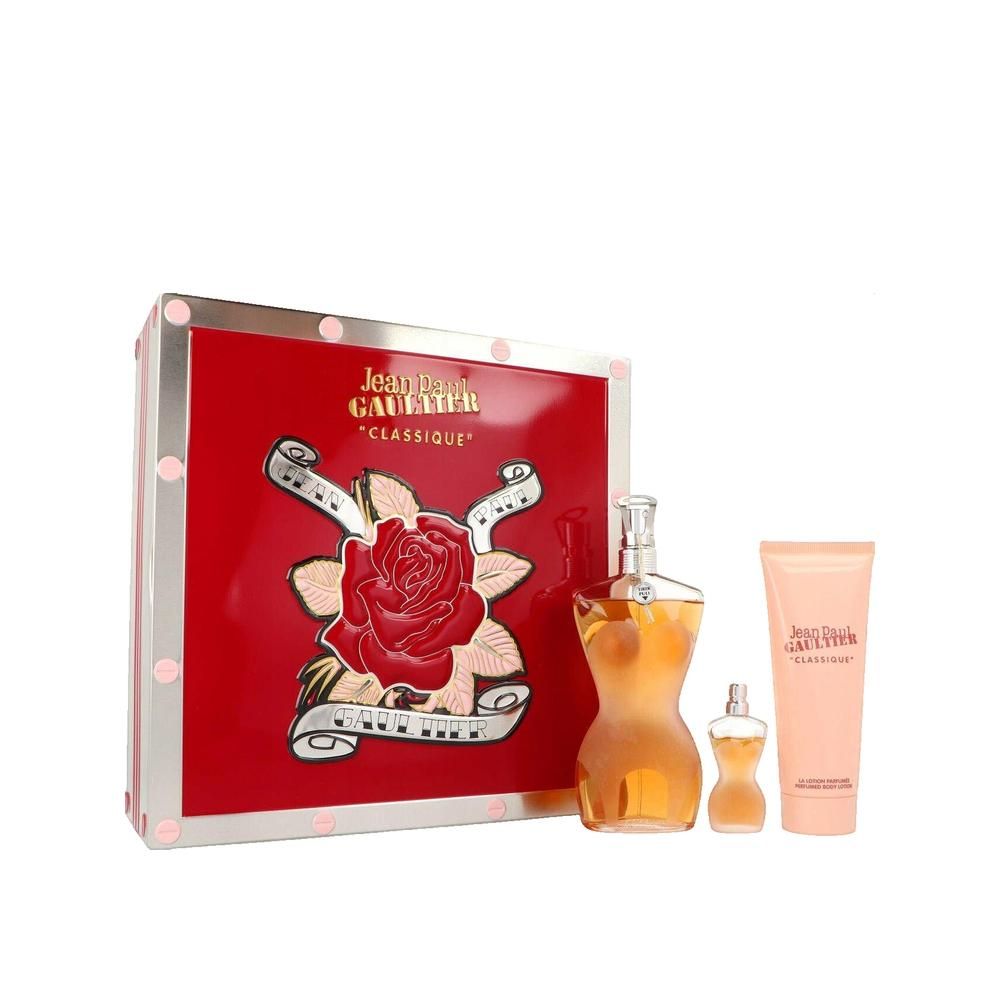 Geschenkset mit roter Schachtel, Parfümflasche, Miniaturflasche und Körperlotion. Aufschrift: Jean Paul Gaultier Classique.