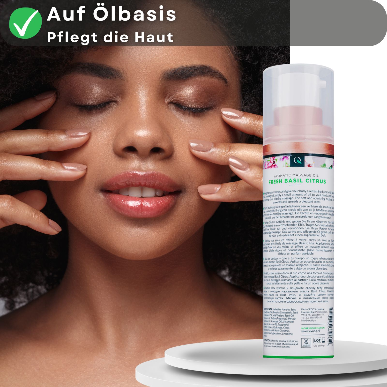 Frau mit geschlossenen Augen, Hände im Gesicht. Massageöl-Flasche im Hintergrund. Text: Auf Ölbasis, Pflegt die Haut.
