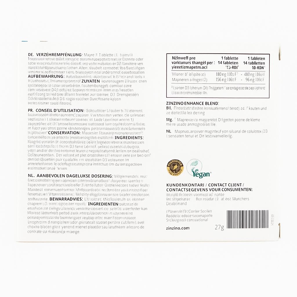 Rückseite der Zinzino ZinoShine+ Verpackung. Enthält Informationen zu Inhaltsstoffen, Dosierung und Kontaktinformationen. Vegan-Siegel.