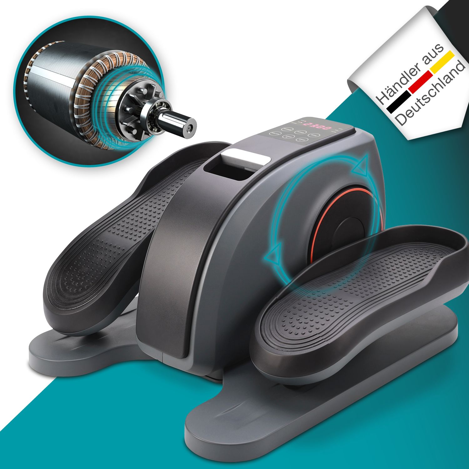 Ellipsentrainer mit Trittflächen und Trainingscomputer. Detailansicht des Motors. Label: Händler aus Deutschland.