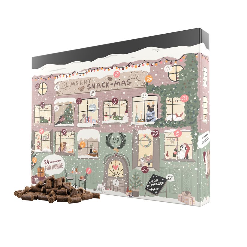 Adventskalender für Hunde. Illustration eines Hauses mit 24 Türen. Text: Merry Snack-Mas, 24 für Hunde, von alphazoo. Haufen Hundefutter vor dem Kalender.