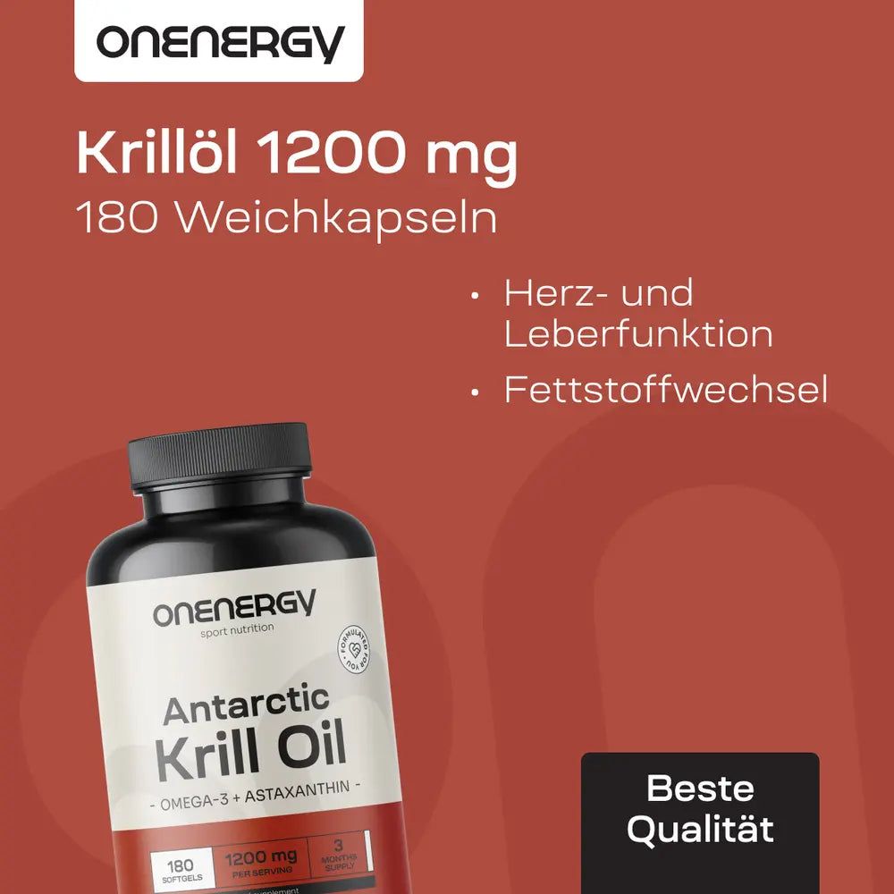 Collage: Älteres Paar, Flasche OnEnergy Antarctic Krill Oil, Text über Huile de krill 1200 mg.