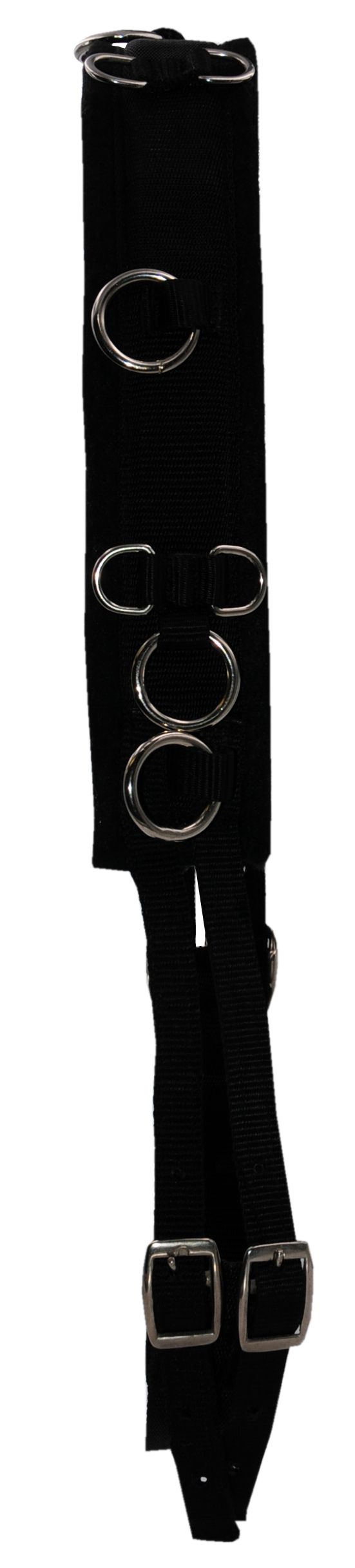 Schwarzer Longiergurt mit silberfarbenen Ringen und Schnallen. Aus Textilmaterial.