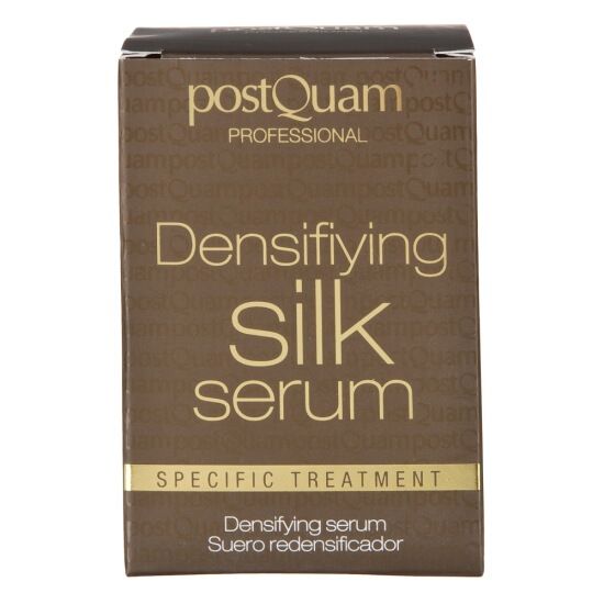 Braune Produktverpackung mit goldfarbener Schrift. Beschriftung: Postquam, Densifying Silk Serum, Specific Treatment.