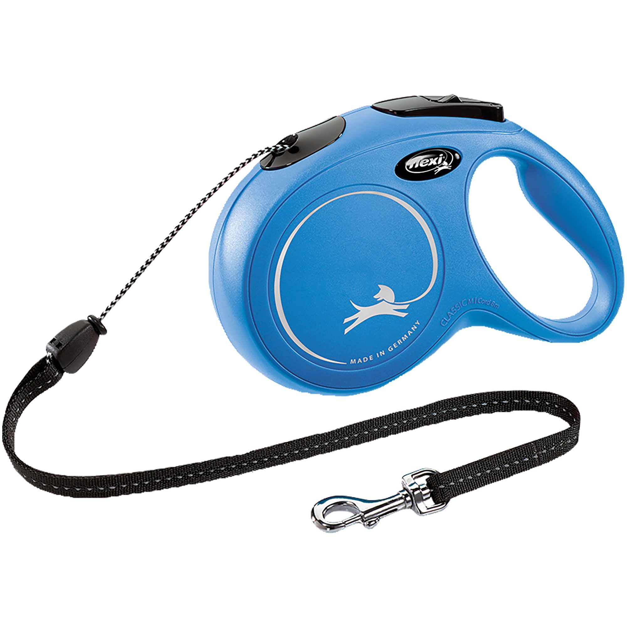 Blaue Flexi-Leine mit schwarzem Band und Chrom-Karabinerhaken. Flexi-Logo und Hund-Silhouette. Schwarzer Knopf.