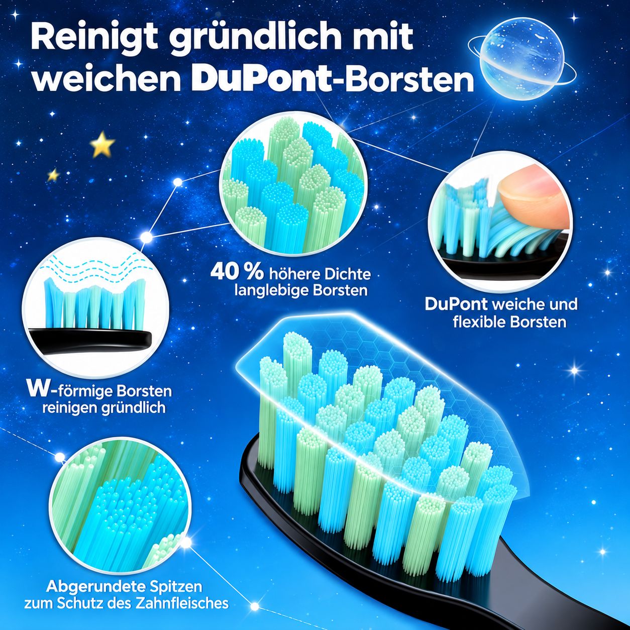 Detaillierte Ansicht von Borsten einer elektrischen Zahnbürste mit DuPont-Borsten.