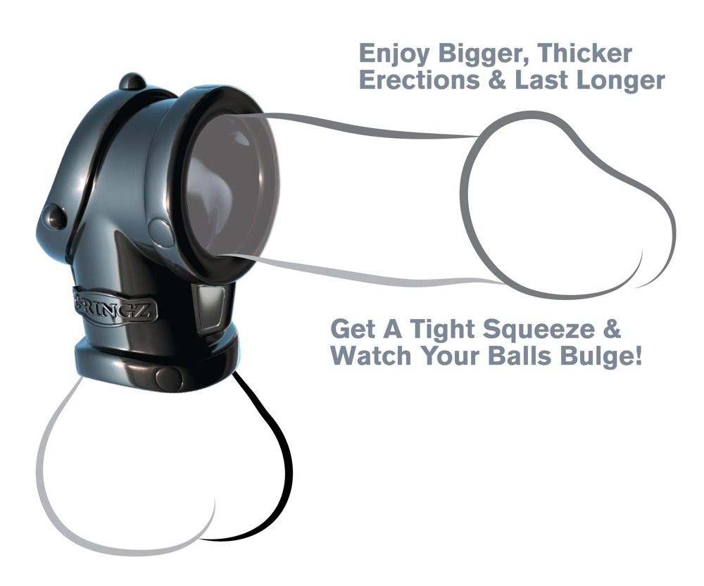 Schwarzer Cockring mit Ball-Stretcher. Grafische Darstellung eines Penis und Hoden. Text: Enjoy Bigger, Thicker Erections & Last Longer.